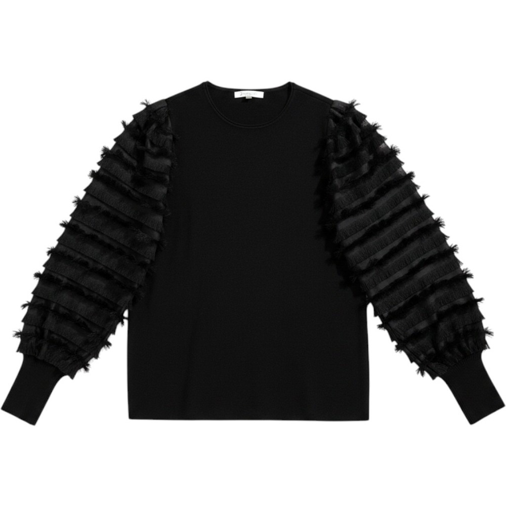 Siani Milano Sweater Women Large Black  Tiered Fringe Balloon Sleeve Crew